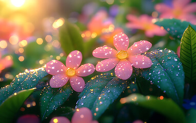 Whimsical Cartoon Water Droplets on Vibrant Green Leaves  
