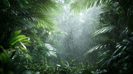 Lush Rainforest Scene With Rain and Sunlight