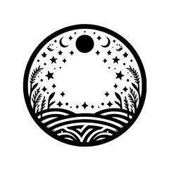 Celestial Circle: Black and White Moon & Star Illustration