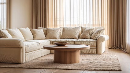 Serene sanctuary: A plush cream sectional sofa bathed in soft sunlight, creating a peaceful and inviting living space with a warm wooden coffee table.