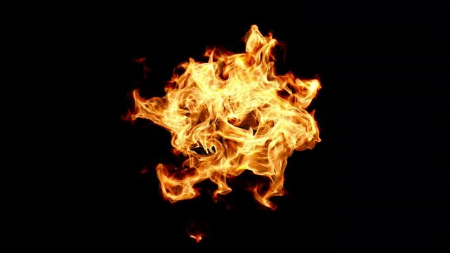 Intense orange burning fireball-style flames radiating outward from center. Circular flame pattern 3D animation blaze loop overlay vfx background plate and alpha channel for heat, or elemental fire.
