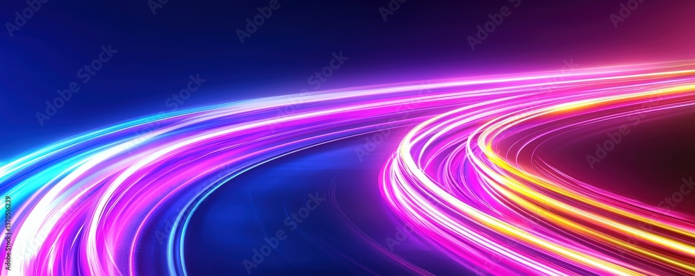Poster a vibrant display of colorful light trails curving against a dark background, creating a sense of mo