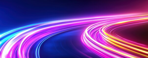 A vibrant display of colorful light trails curving against a dark background, creating a sense of motion and energy.