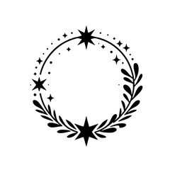 Celestial Wreath Illustration: Stars & Foliage, Black on White, Decorative Design