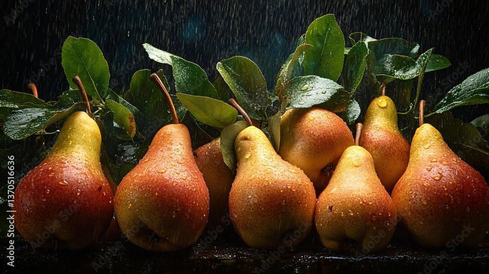 Poster fresh pears resting under a gentle drizzle during a serene night