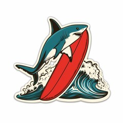 Cartoon shark surfing on ocean wave with red surfboard sharp teeth and big splash in dynamic summer beach sticker style