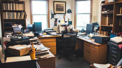 Interior of messy office with desk, drawers and garbage
