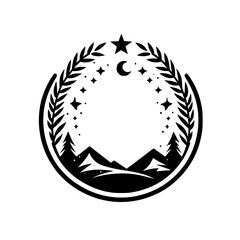 Circular Mountain Landscape: Black & White Silhouette with Starry Night