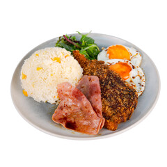 Hong Kong-style pork chop and luncheon meat ham set with fried egg and corn rice, hearty tea restaurant combo, served with fresh vegetables