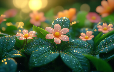 Whimsical Cartoon Water Droplets on Vibrant Green Leaves  
