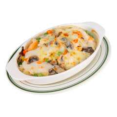 Hong Kong-style baked seafood rice with cheese, featuring shrimp, fish fillet, and vegetables, creamy and cheesy, a tea restaurant classic