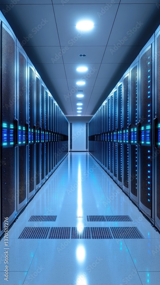 Poster server room interior with rows of racks, lit by overhead lights, creating depth and perspective