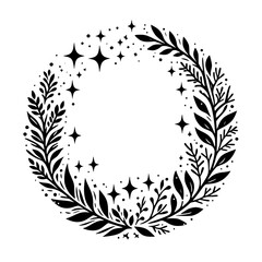 Elegant Black Floral Wreath with Stars: Botanical Design Element