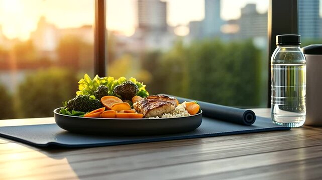 A healthy meal prep setup featuring roasted vegetables, grilled chicken, and brown rice, paired with a yoga mat, water bottle, and resistance bands, warm light filtering in