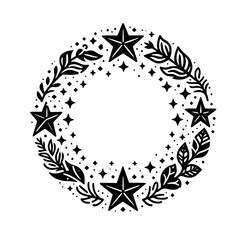 Celestial Wreath Vector: Stars & Leaves, Black & White, Minimalist Design