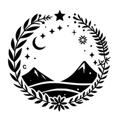Silhouette Mountain Scene within Floral Wreath, Celestial Illustration