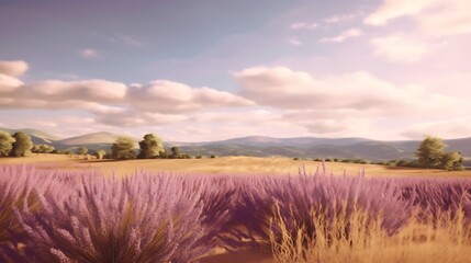 Obraz premium Serene Lavender Field Under a Cloudy Sky and Distant Mountains