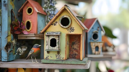 Colorful Wooden Birdhouses in Garden Display