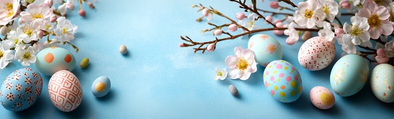 Fototapeta premium Colorful, decorated Easter eggs surrounded by delicate cherry blossoms.