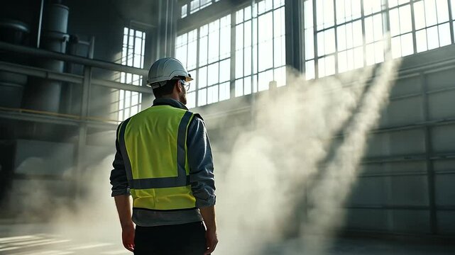 Inside a dusty cement factory, the safety officer examines ventilation systems and dust suppression units, gray dust particles floating in the air as sunlight filters through large