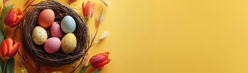 Obraz premium Colorful Easter eggs nestled in a nest with vibrant tulips on a sunny yellow background.