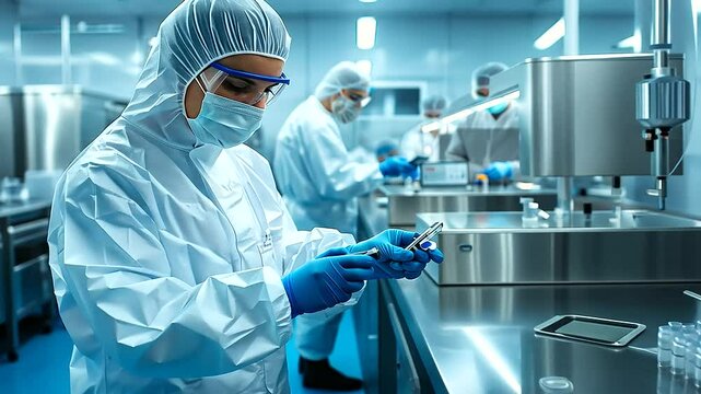 In a pharmaceutical plant, the safety officer inspects sterile production areas, gleaming stainless steel surfaces and workers in cleanroom suits operating precision equipment