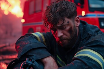 Obraz premium Exhausted Firefighter Sitting on Curb After Rescue Operation, Helmet on Ground, Red and Blue Emergency Lights, Dramatic Glow, Smoke, Burning Building Background, Firefighter Fatigue