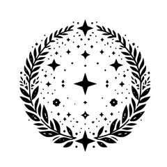Celestial Laurel Wreath with Stars: Minimalist Black and White Design