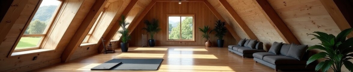 Elegant home gym, vaulted ceiling, natural light, clean, exercise, minimalist