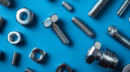 Arrangement of different tap bolts, screws and chrome nuts on blue background