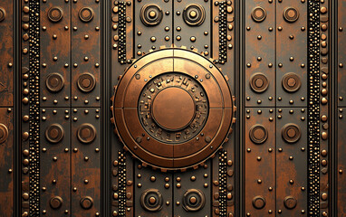 Steampunk Metal Door with Intricate Gear and Rivet Details, Industrial Design