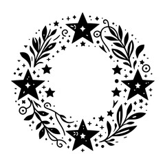 Celestial Wreath Illustration: Stars & Foliage, Black & White.