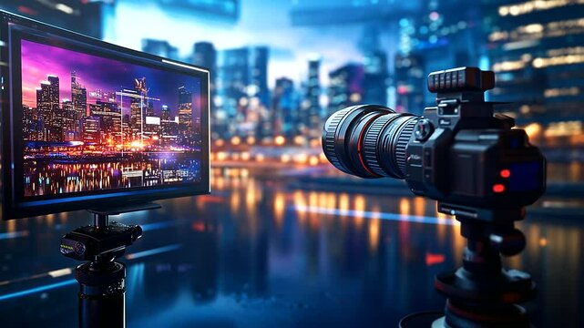 A conceptual TV studio with panoramic virtual sets and motion-tracked cameras recording a documentary interview, background screens softly blurred with ambient cityscapes and light