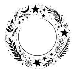 Celestial Wreath: Stars, Moon, & Botanical Illustration
