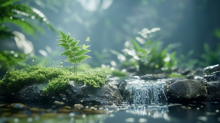 Fototapeta premium Small Fern Sprout by a Forest Waterfall
