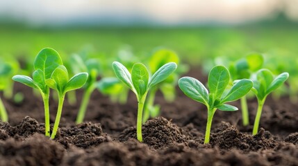 Fresh green seedlings emerge from rich, dark soil, symbolizing growth and new beginnings in a vibrant agricultural setting.