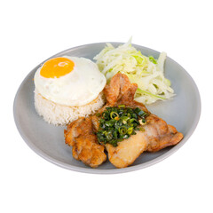 Hong Kong-style fried pork chop with scallion soy sauce, served with steamed rice, fried egg, and crisp cabbage, a classic cha chaan teng set meal