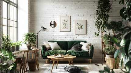 Sofa, tables and houseplants near white brick wall in interior of living room