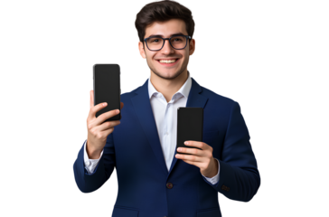  A smiling young businessman in a blue suit and glasses, holding a smartphone with a black screen and pointing at it, isolated on a transparent background