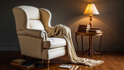 A cozy cream wingback chair draped in a warm knit throw awaits a quiet evening of reading under the soft glow of a table lamp, books stacked nearby.