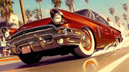 Classic car speeding on a sunny road, lined with palm trees and buildings