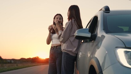 food trip, nutritious sandwiches trip, eating delicious fast food road trip by car, young girls...