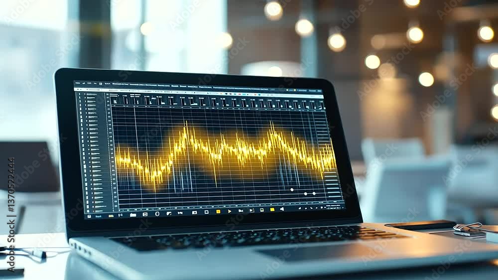 Poster an office desk setup with a laptop running audio software, showing complex layered sound waves in go