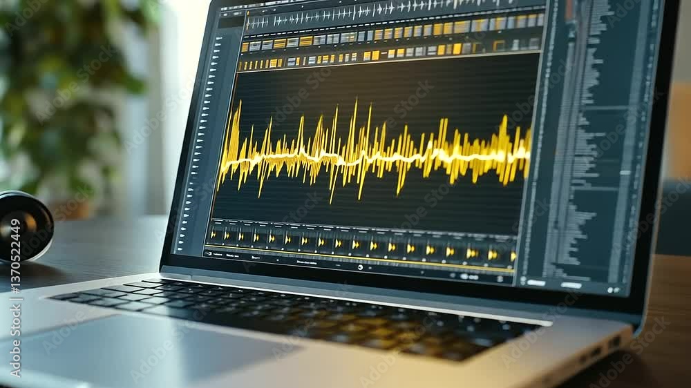 Poster an office desk setup with a laptop running audio software, showing complex layered sound waves in go