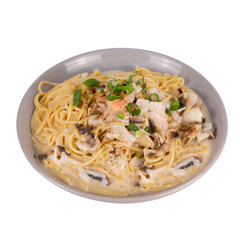 Creamy seafood spaghetti with mushrooms and green onions, a fusion of Italian and Hong Kong flavors, a tea restaurant specialty