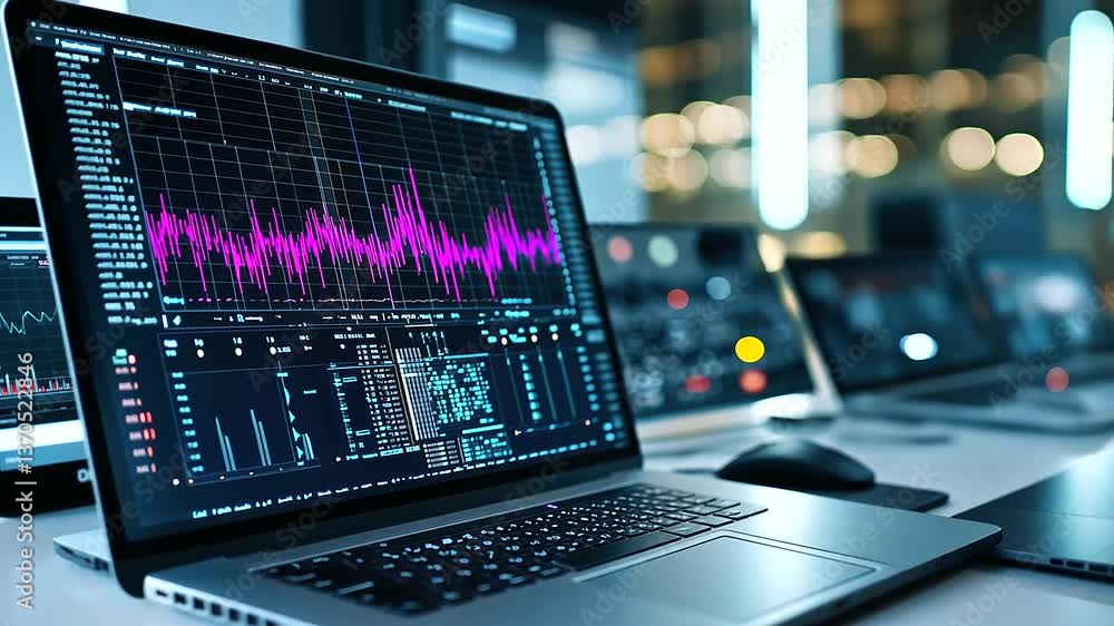 Poster a high-tech sound engineering lab with a large laptop screen displaying intense, colorful sound wave