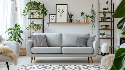 Interior of living room with grey sofa, shelf unit and green plants