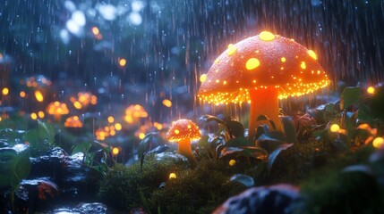 Glowing Mushrooms in a Rain Forest at Night