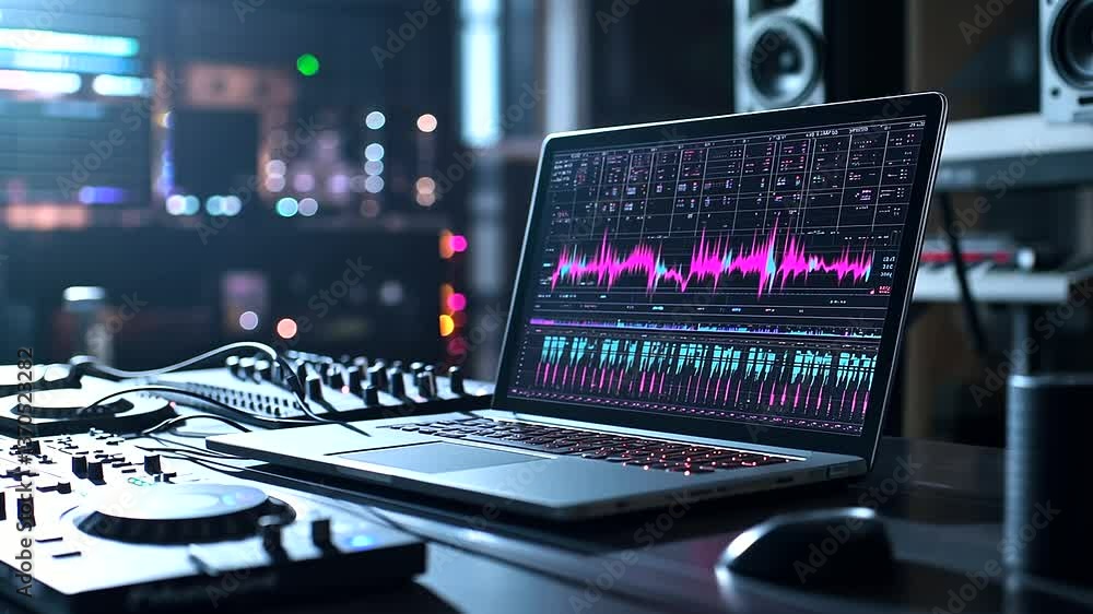 Poster a high-tech sound engineering lab with a large laptop screen displaying intense, colorful sound wave