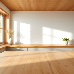 Serene Studio Ambiance: Elegant Wooden Countertop in Light Pine with Fresh Summer Glow and Soft Reflections